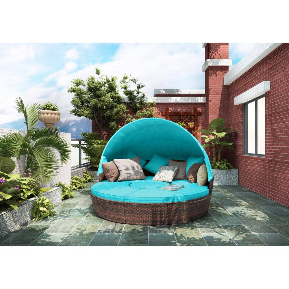 Brown 5-Pieces Wicker Outdoor Sectional Set with Blue Cushion, Separate Sea