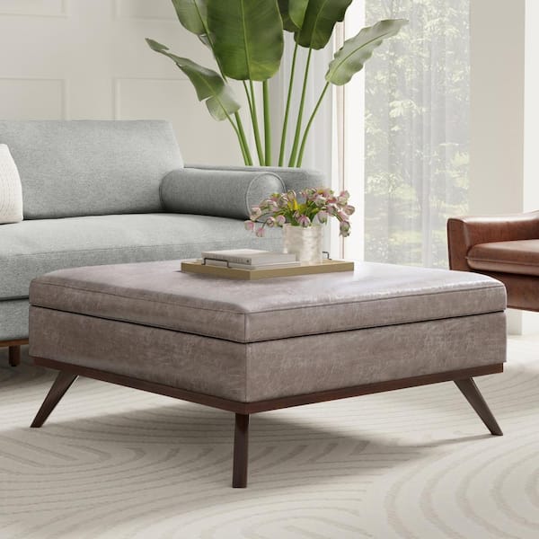 Simpli Home Owen 40 in. Square XL Coffee Table Storage Ottoman in Distressed Grey Taupe Vegan Faux Leather, Assembled