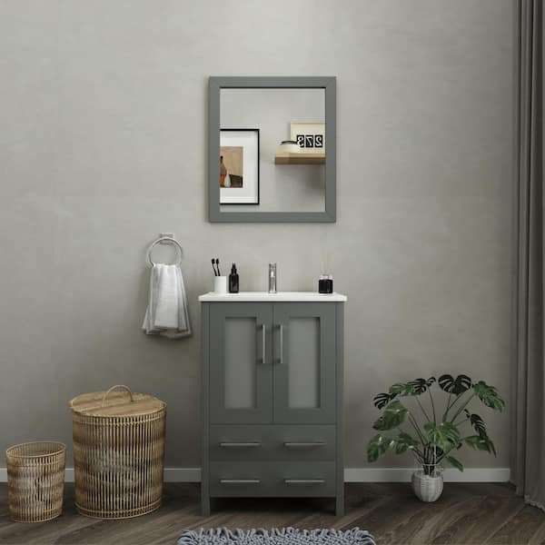 Vanity Art Brescia 24 in. W x 18.1 in. D x 35.8 in. H Single Basin Bathroom Vanity in Grey with Top in White Ceramic and Mirror