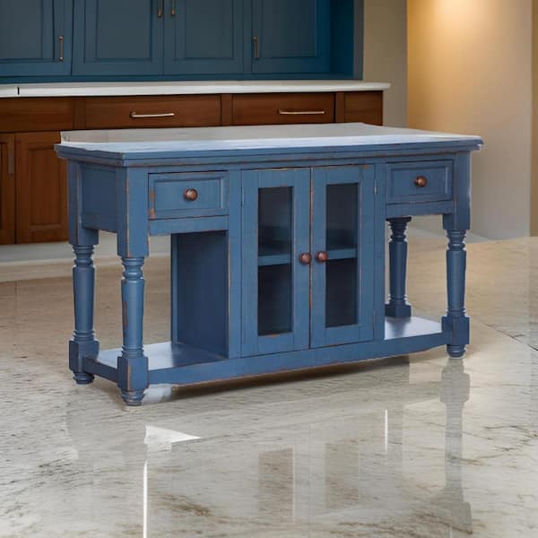 Benjara 17.75 in. Dark Blue Rectangle Wooden Console Table with 2-Drawers, 2-Doors and Open Shelves