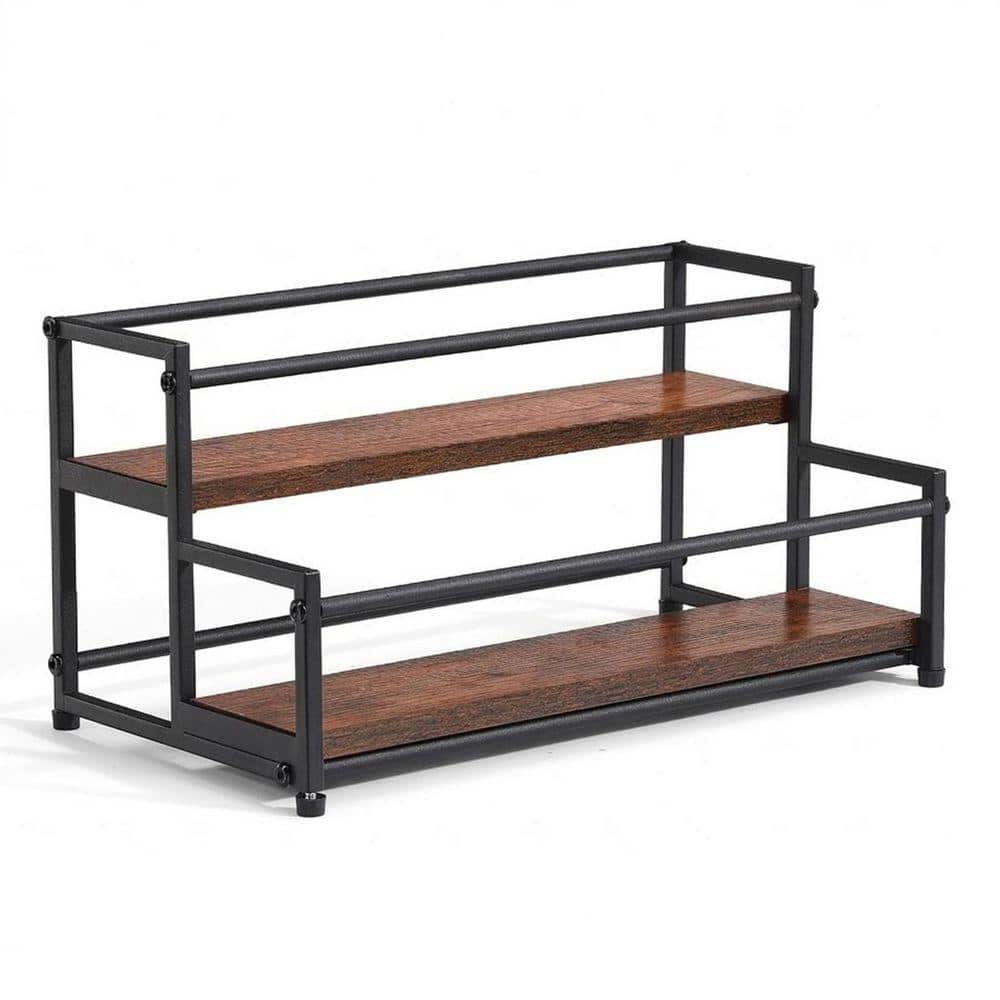 JFVKAF 10 Bottles Black Metal Wood Coffee Syrup Rack Organizer 2-Tier ...