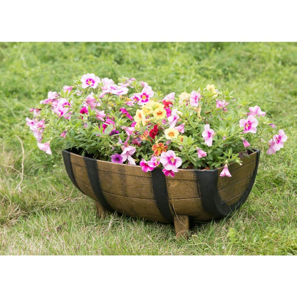 Rustic Brown and Black Plastic Half Barrel Planter Set