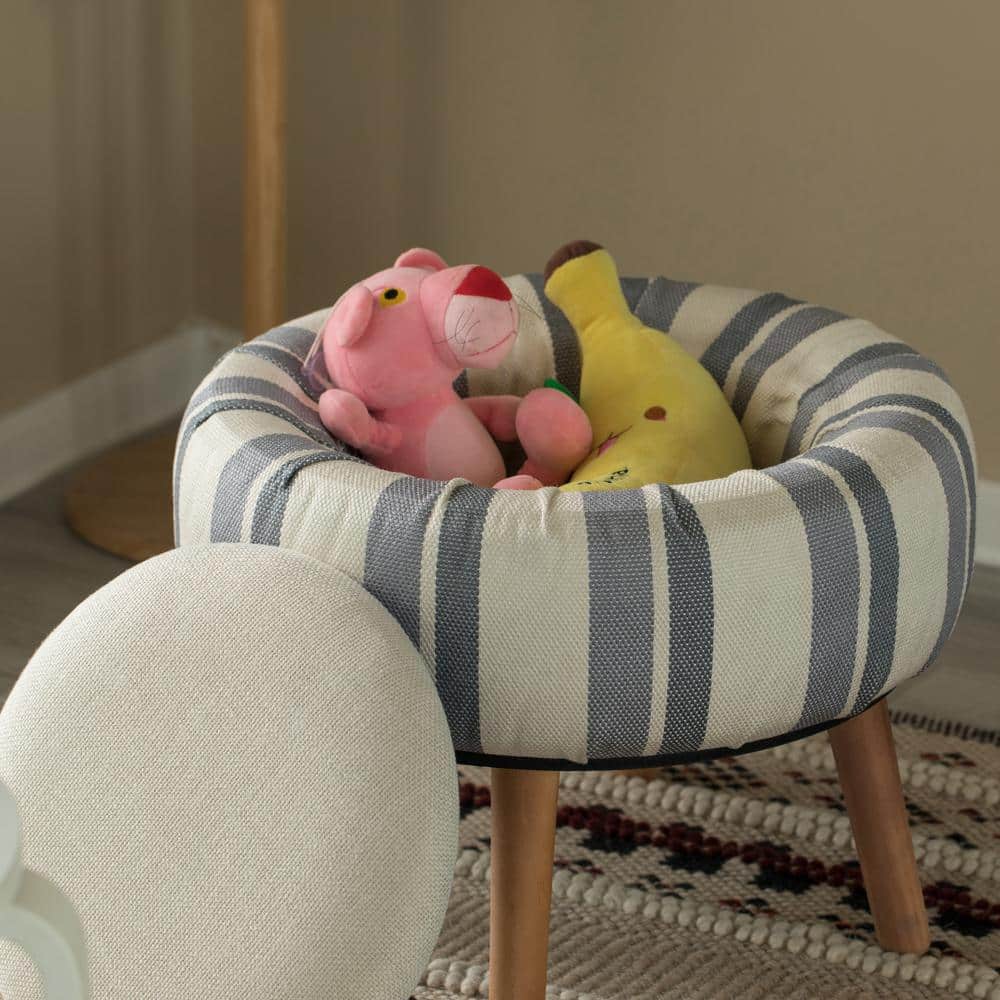 Chic Striped White and Blue Round Fabric Storage Ottoman
