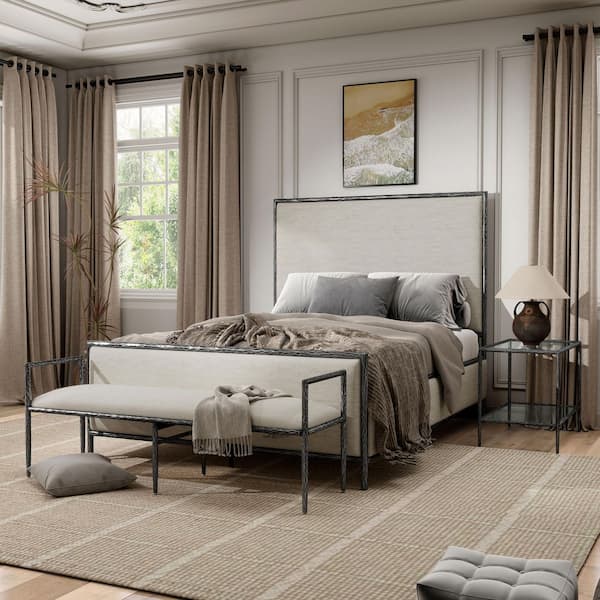 Parto 3-Piece Modern Forged Metal Gray Queen Bedroom Set with Bench