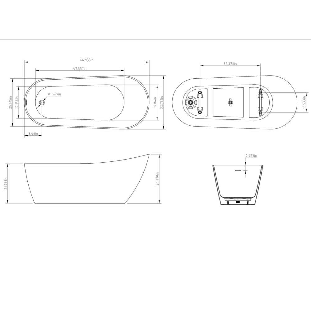 67" White Acrylic Freestanding Soaking Bathtub