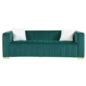 Modern 85.8 in. Square Arm Velvet 3 Seater Rectangle Channel Sofa Traditional Chesterfield Sofa with Pillows in. Green