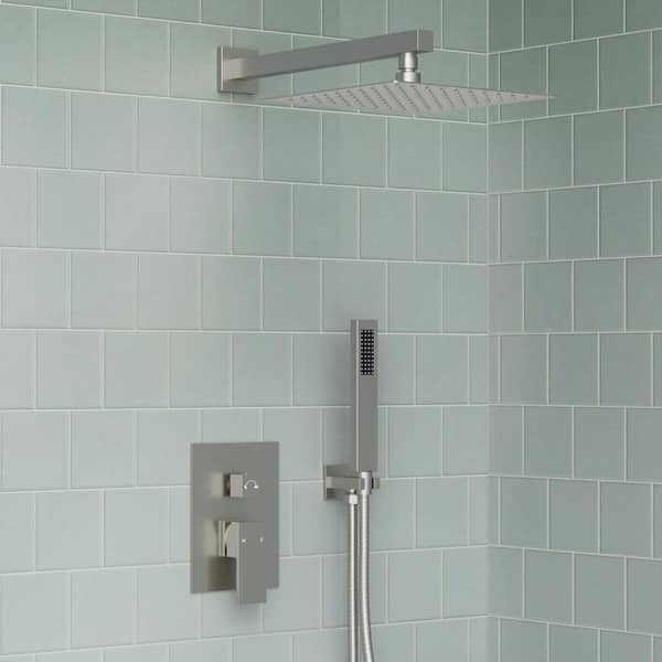Double Handle 2-Spray Shower Faucet Square 10 in. Shower Head 2.5 GPM High Pressure in Brushed Nickel (Valve Included)
