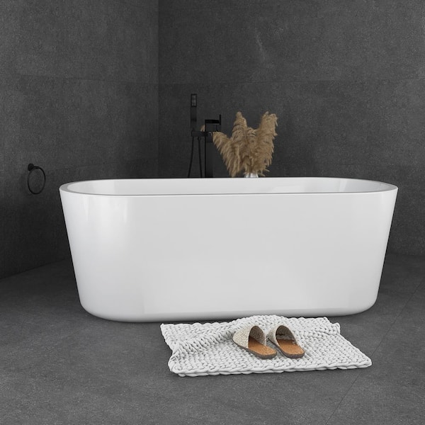 JimsMaison 67 in. Acrylic Freestanding Flatbottom Soaking Bathtub in Glossy White with Drain