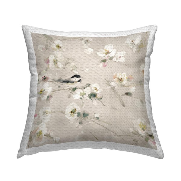 Stupell Industries Apple Blossoms and Bird Beige Square Outdoor Throw Pillow
