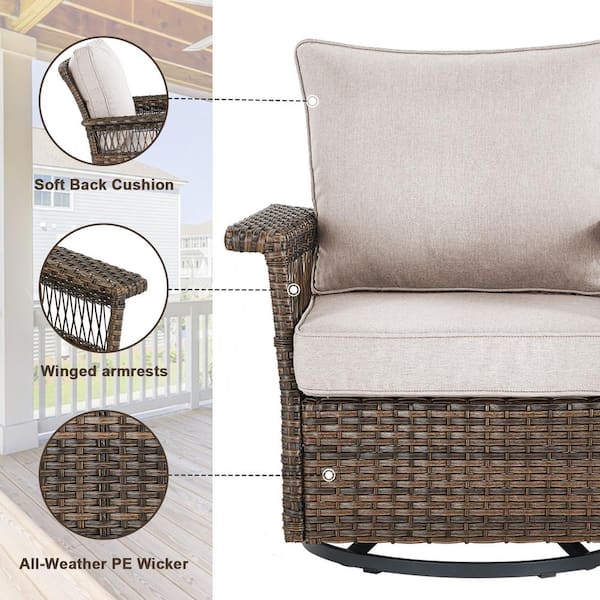 Brown 4-Piece Wicker Outdoor Patio Rectangular Fire Pit Conversation Set with Beige Cushions and Swivel Rockers