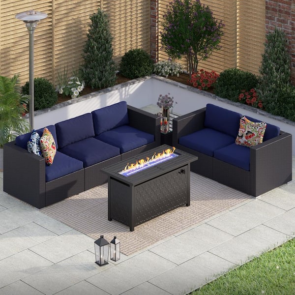PHI VILLA Dark Brown Rattan Wicker 5 Seat 7-Piece Steel Outdoor Fire Pit Patio Set with Blue Cushions and Rectangular Fire Pit