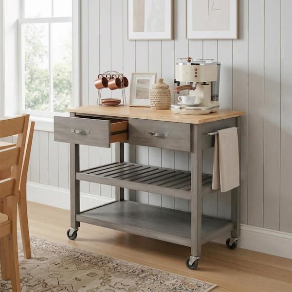 PexFix Modern Gray Frame Natural Wood color Tabletop Kitchen Cart