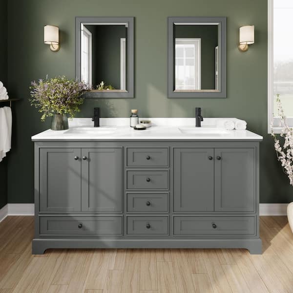 Wyndham Collection Deborah 72 in. W x 22 in. D x 35 in. H Double Bath Vanity in Dark Gray with White Quartz Top and 24 in. Mirrors
