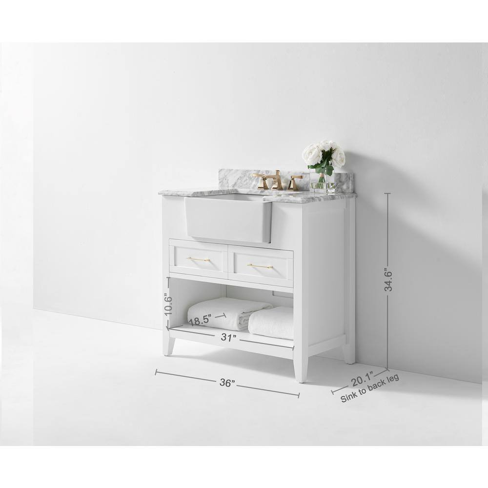 Hayley 36" White Wood Bathroom Vanity with Carrara Marble Top