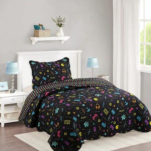 A80 Black Game Twin Size Polyester Quilt Bedspread Set Throw Blanket