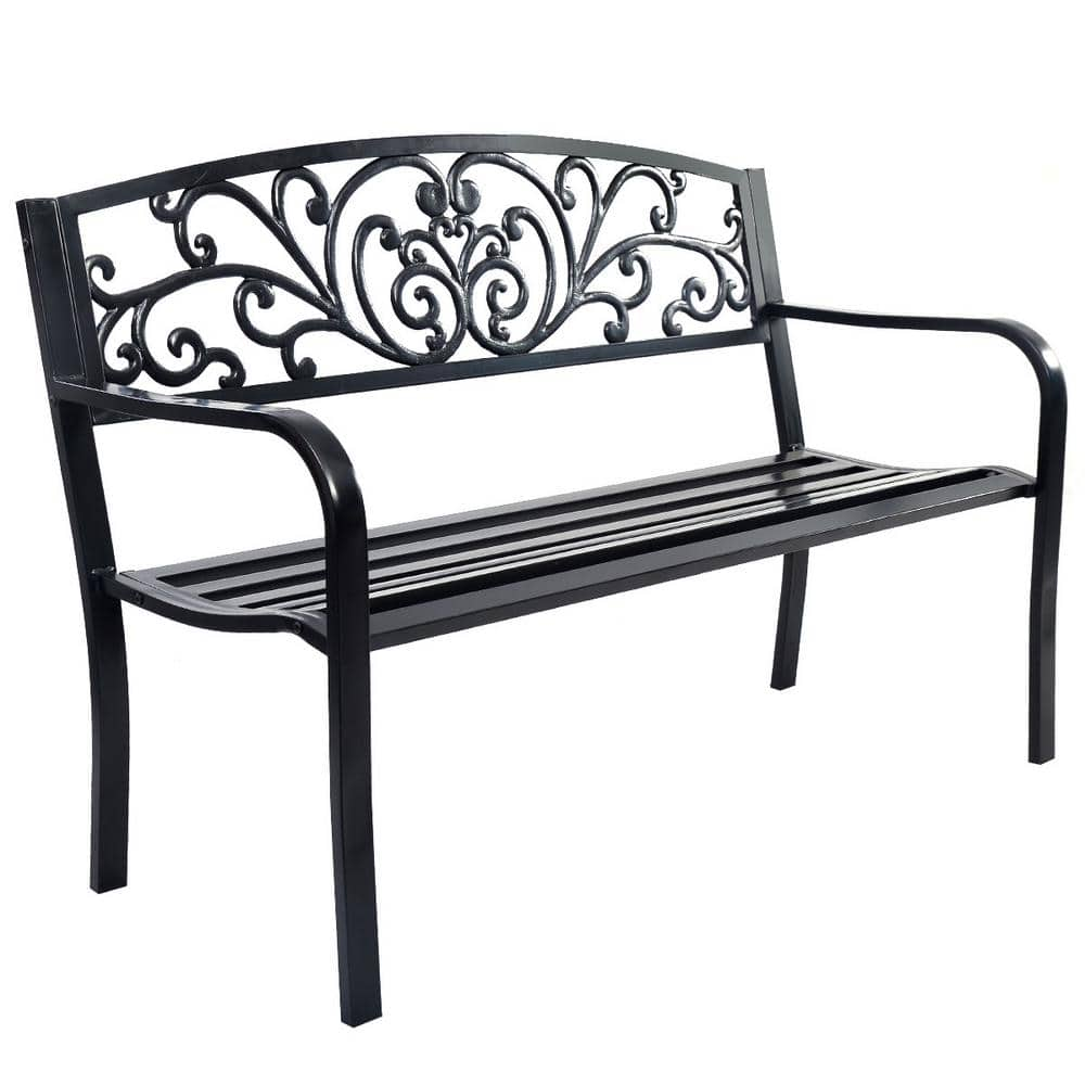 HONEY JOY 50 in. 2-Person Metal Outdoor Bench Porch Chair Steel Frame ...