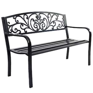 50 in. 2-Person Metal Outdoor Bench Porch Chair Steel Frame Cast Iron Loveseat with Backrest for Park Garden