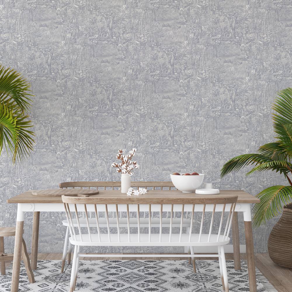 Cornflower Blue Vinyl Jungle Toile Peel and Stick Wallpaper Roll