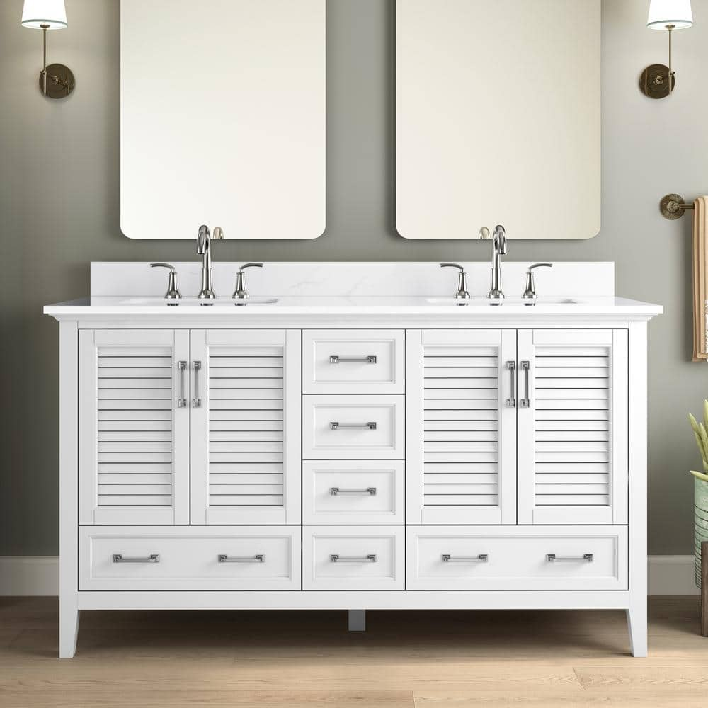 Home Decorators Collection Dennick 60 in. W x 22 in. D x 35 in. H Double  Sink Freestanding Bath Vanity in White with White Engineered Stone Top  TJ-0213V6022WH - The Home Depot