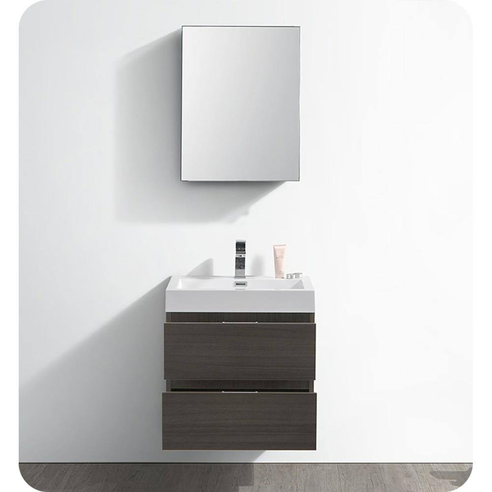Gray Oak 24" Wall Mount Single Sink Vanity Base with Soft-Closing Drawers