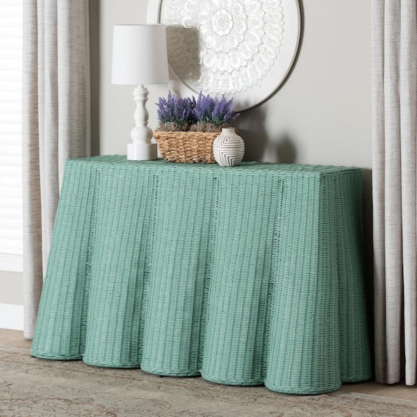 bali & pari Palm 54.3 in. Seafoam Green Rectangle Scalloped Wicker Rattan Console Table