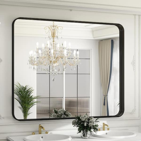 XRAMFY 29.5 in. W x 39.4 in. H Rectangular Modern Aluminum Deep Framed Rounded Black Wall Mirror