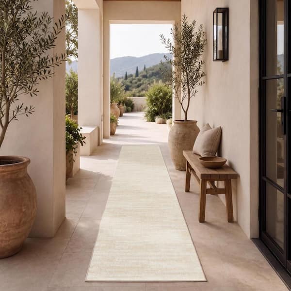 Essentials 2 ft. x 10 ft. Ivory Beige Kitchen Runner Solid Indoor/Outdoor Rug