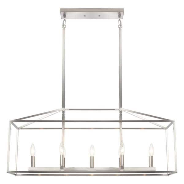 LWYTJO 37 in. 7-Light Nickel Modern Linear Kitchen Island Square/Rectangle Chandelier with Caged Metal Shade