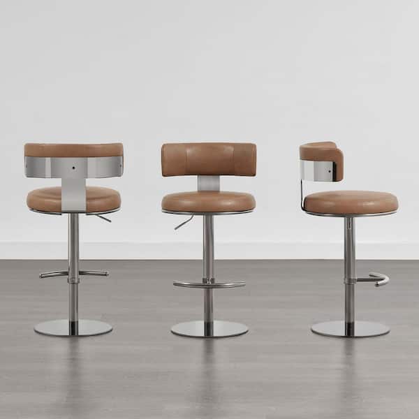 Spruce & Spring Zane Saddle Brown Faux Leather Gas Lift Adjustable Swivel Barstool with Backrest for Kitchen or Home Bar (Set of 3)
