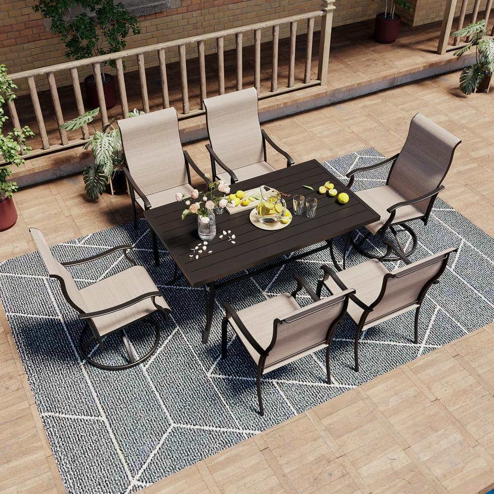 Brown 7-Piece Iron Patio Dining Set with Textilene Chairs