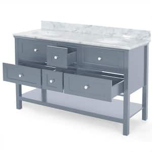 61 in. W x 22 in. D x 40 in. H Double Sink Freestanding Bath Vanity in Gray with White Marble Top and Storage Cabinet