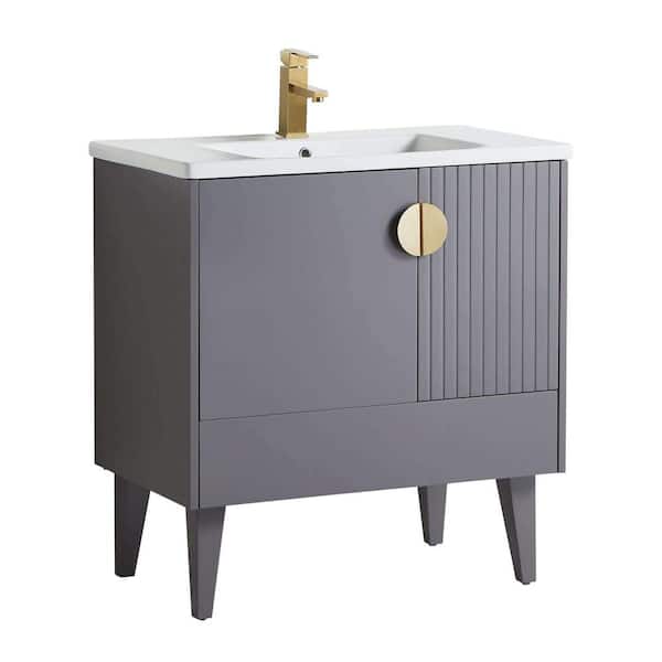FINE FIXTURES Venezian 30 in. W x 18.11 in. D x 33 in. H Bathroom Vanity Side Cabinet in Rock Gray with White Ceramic Top