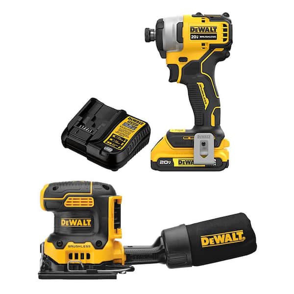 ATOMIC 20V MAX Lithium-Ion Brushless Cordless Compact 1/4 in. Impact Driver & 1/4 Sheet Sander w/2Ah Battery & Charger