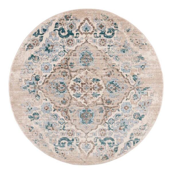 Victoria Collection Distressed Cream 6 Round Oriental Floral Polypropylene Area Rug 4620 Cream 6
