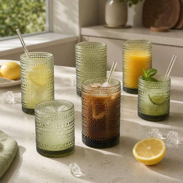 Wudkey 12-Piece Green 12 oz. & 15 oz. Hobnail Glass Cups with 1 Cleaning Brush Embossed Water Tumbler for Beer Cocktail Whiskey