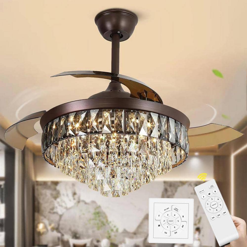 42 in. 3-Colors Adjustable LED Indoor Matt Black Smart Crystal Ceiling Fan 