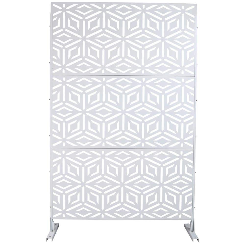 White metal decorative privacy screen with a geometric pattern.