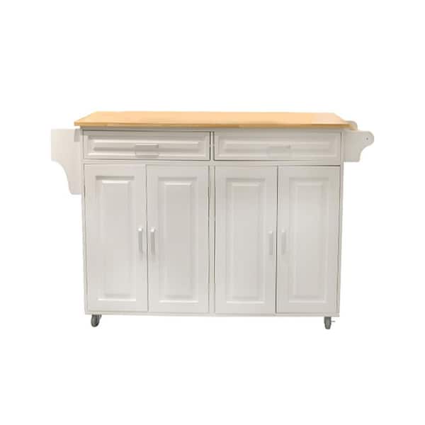Boosicavelly 53.93 inch White Wood Kitchen Cart with Rubber Wood Top and Adjustable Shelf