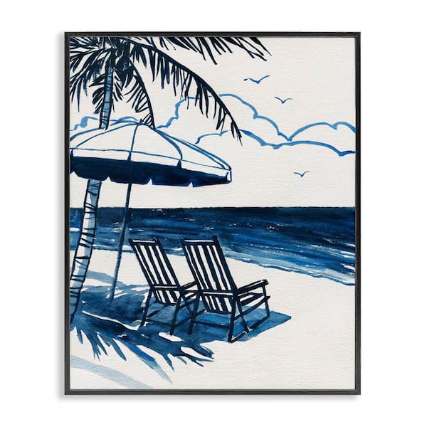 Blue Toned Tropical Beach Scene by Carol Robinson Black Framed Nature Giclee Art Print 20 in. x 16 in.
