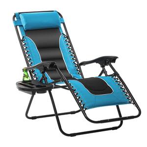 25.6 in. x44 in. Zero Gravity Metal Lounge Chair Folding with Padde Foam and Pillow, Removable Side Table Blue Cushion