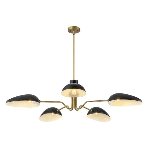 Oakley 5-Light Matte Black and Burnished Brass Mid-Century Modern Hanging Chandelier