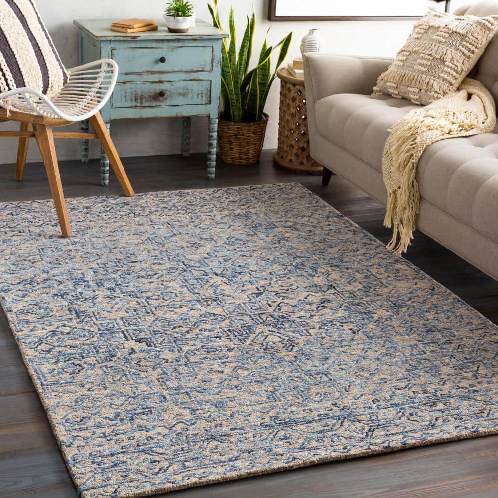 Blue Rectangular Handmade Wool Tufted Rug 2' x 3'