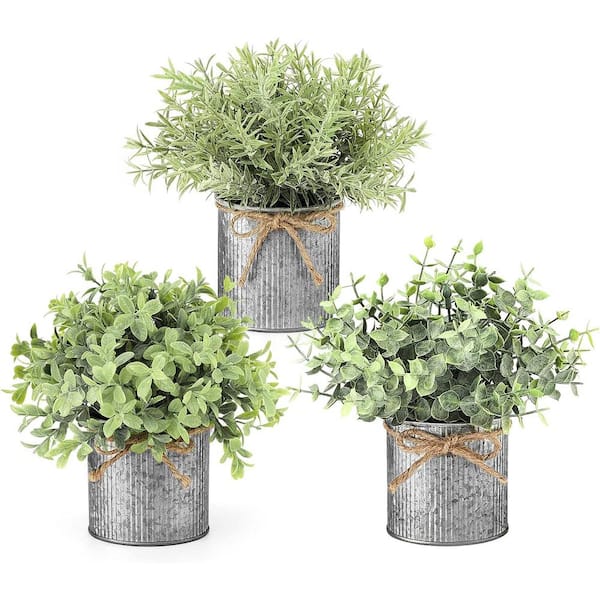 Unbranded 7.5 in. Small Fake Plants Galvanized Metal Pots Artificial Plant Eucalyptus( 3-Pack)