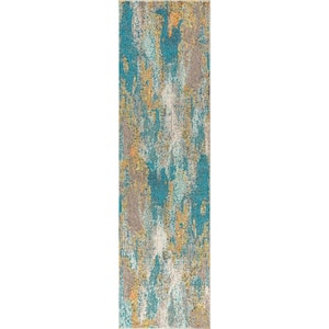 Contemporary POP Modern Abstract Vintage Waterfall Dark Blue/Multi 2 ft. 3 in. x 8 ft. Runner Rug