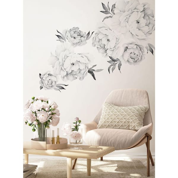 Blushing Peonies Vinyl Wall Sticker Flowers Wall Mural (Set of 6), Black and White