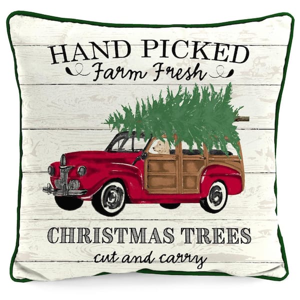 Jordan Manufacturing 16 in. L x 16 in. W x 4 in. T Reversible Outdoor Throw Pillow in Christmas Trees Car and Green Leaves