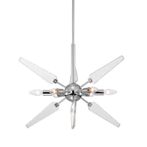 6-Light Chrome and Acrylic Blade Sputnik Chandelier, Mid-Century Modern Ceiling Pendant for Living and Dining Room