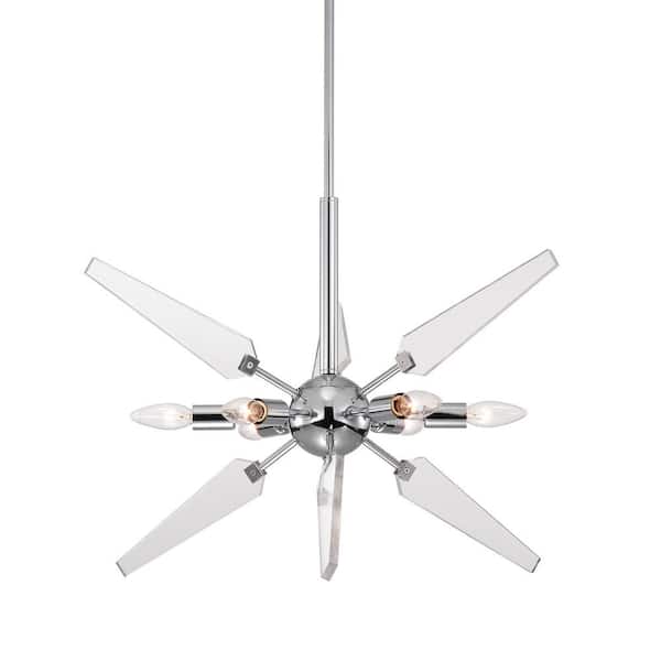 6-Light Chrome and Acrylic Blade Sputnik Chandelier, Mid-Century Modern Ceiling Pendant for Living and Dining Room