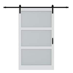48 in. x 84 in. 3-Lites Tempered Frosted Glass and White MDF Sliding Barn Door with Hardware Kit
