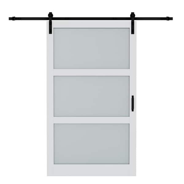 ARK DESIGN 48 in. x 84 in. 3-Lites Tempered Frosted Glass and White MDF Sliding Barn Door with Hardware Kit